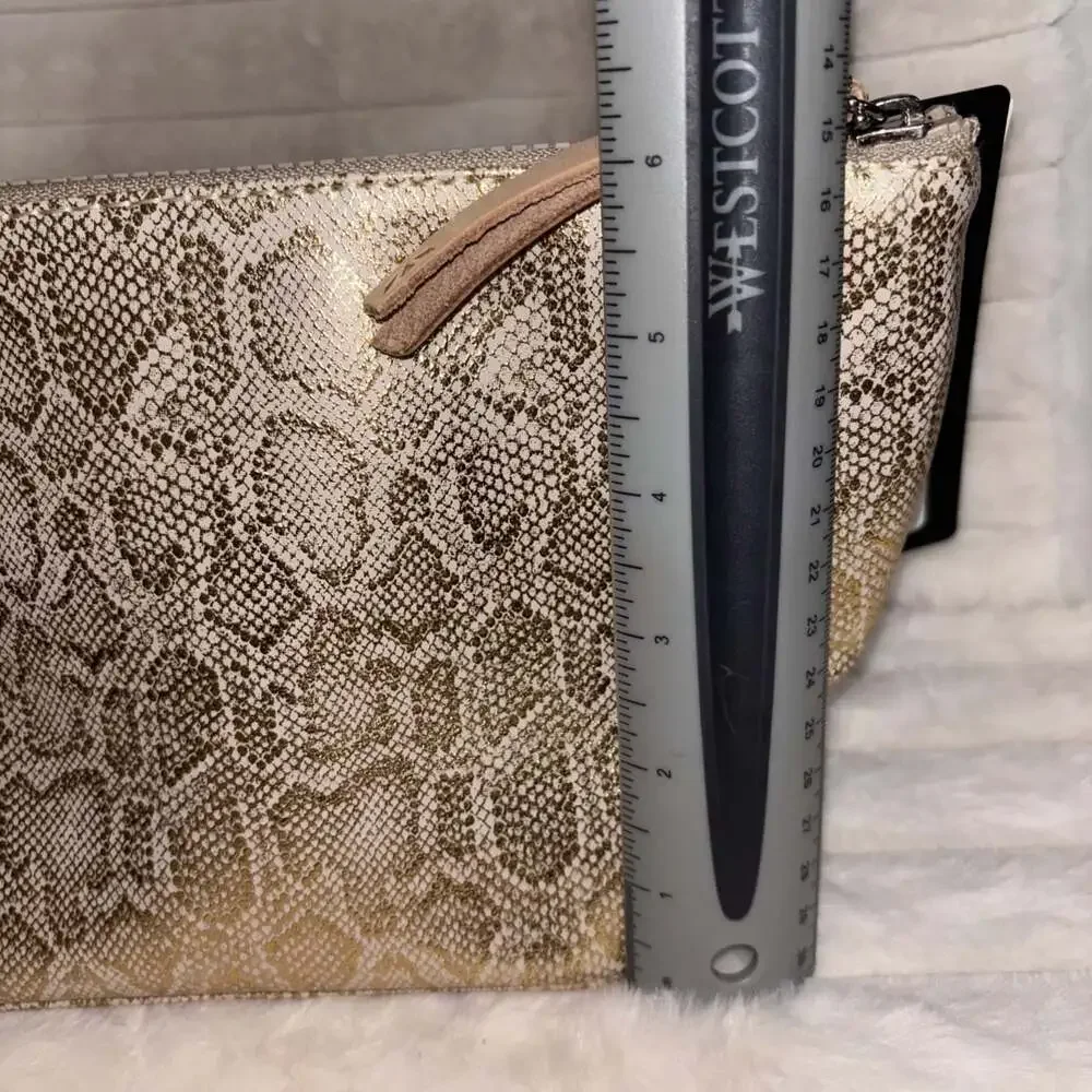 NWT Consuela Leah Large Tool Kit Cosmetic Bag Gold Metallic Snake Print